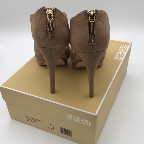 MICHAEL Michael Kors Elena Cross Strap Dk Dune Suede Platform Heels w/box Sz 8M - Picture 2 of 6